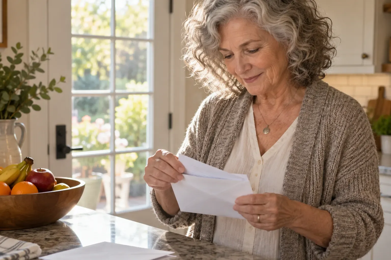 Woman with gray curly hair reading a letter from a plain envelope at her kitchen counter