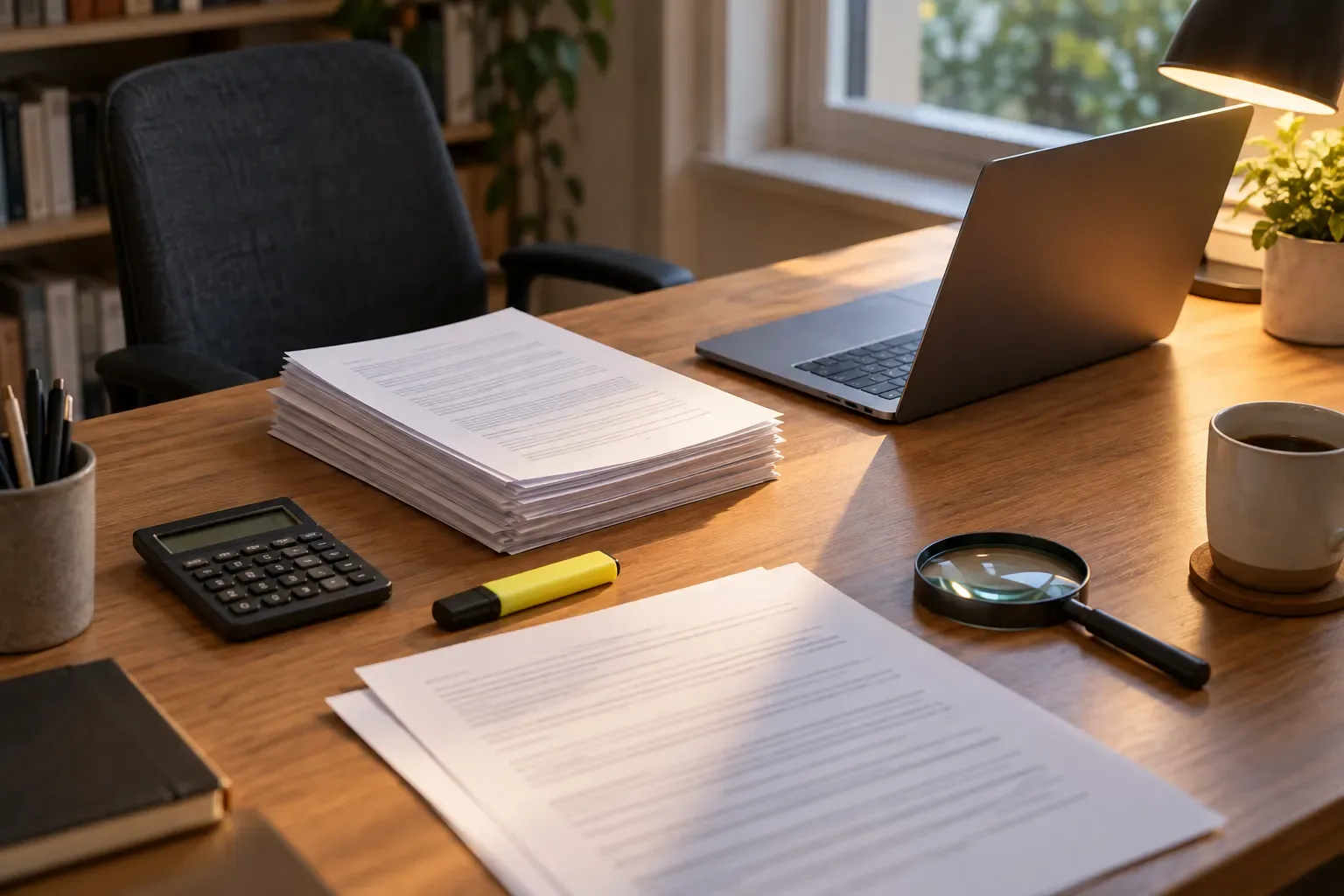 Desk with a stack of printed documents, a highlighter, a magnifying glass, a calculator and a laptop
