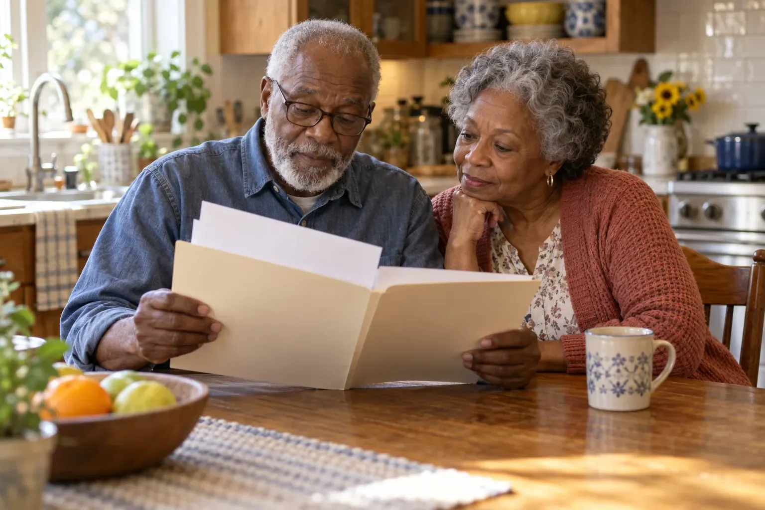 Senior couple at a kitchen table looking through papers in an open folder