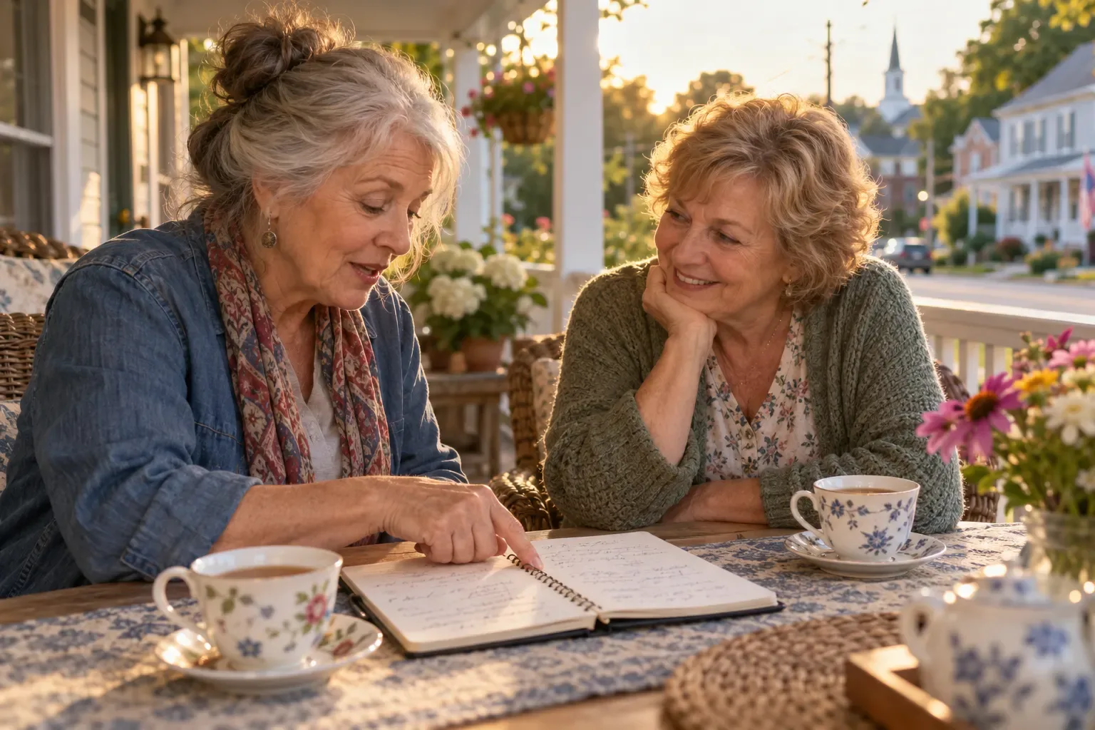 Two older women talking over a notebook and cups of tea at a porch table