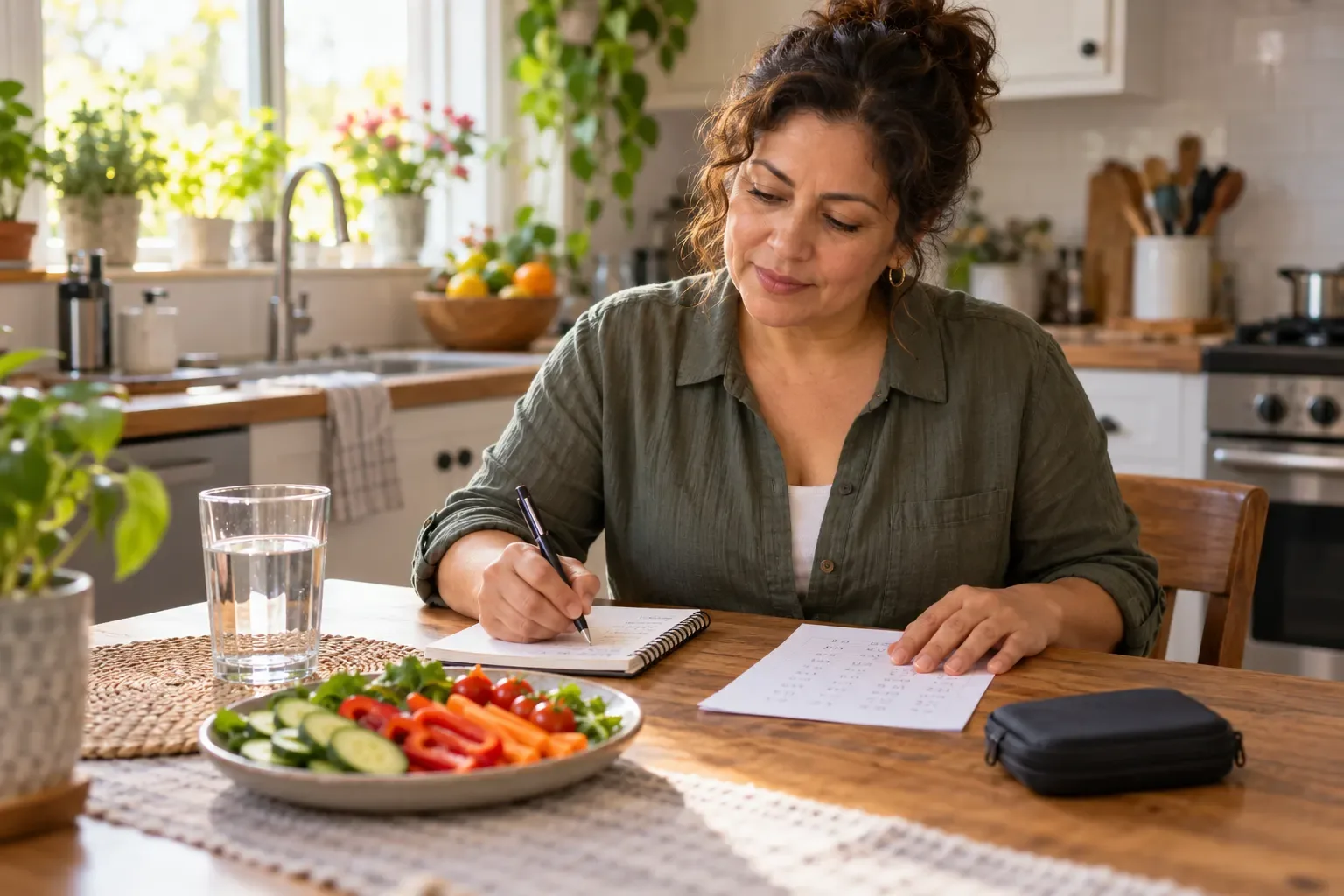 A woman at a kitchen table writes in a notebook beside a printed page of numbers, a glass of water and a plate of sliced vegetables