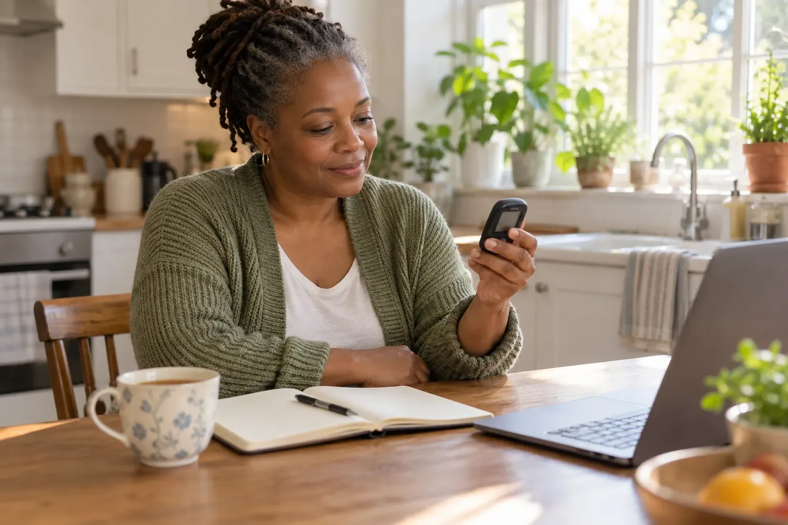 Woman at a kitchen table holding a small glucose meter next to a notebook, a laptop and a cup of tea