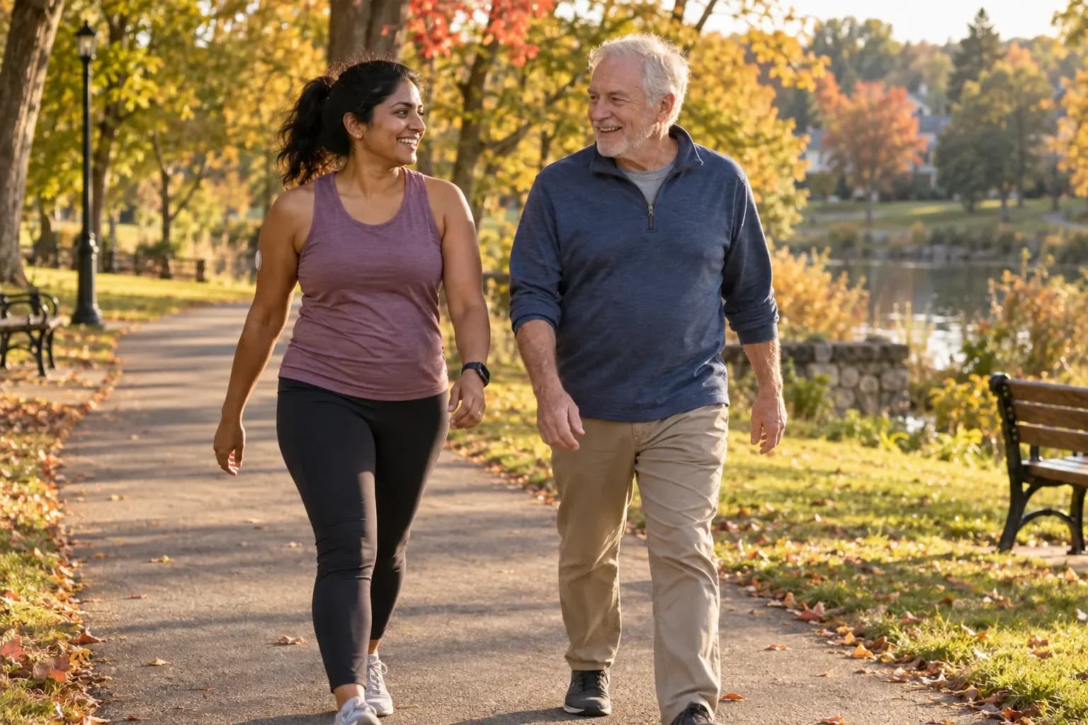 A woman and an older man walk and chat on a leafy park path in autumn; she wears a small glucose sensor on the back of her arm