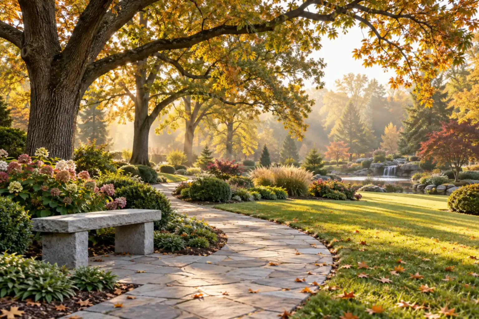 A stone bench and winding path in a quiet memorial garden under autumn oak trees