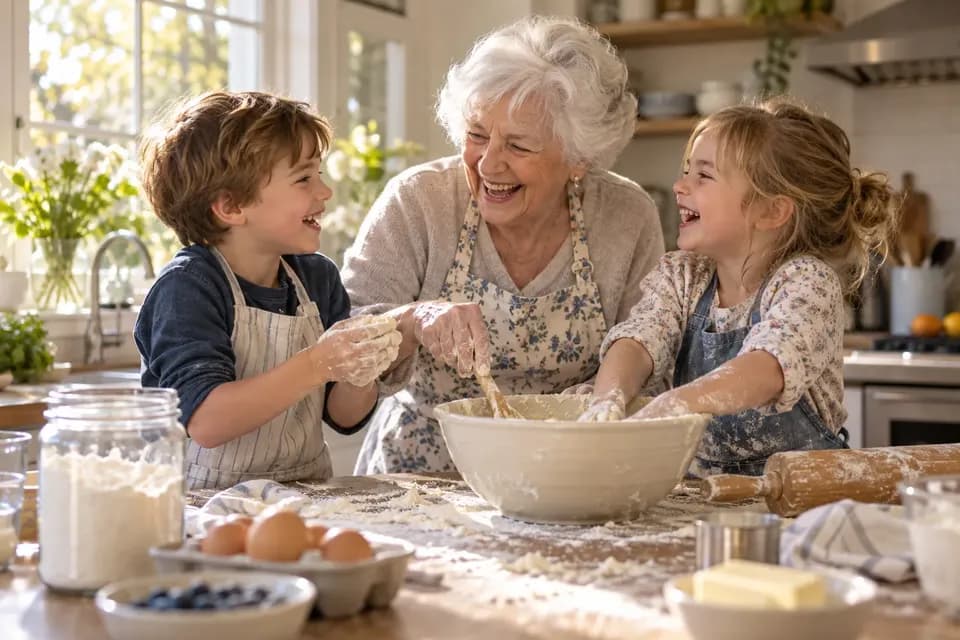A grandmother laughing with her two grandchildren while baking together in a bright kitchen