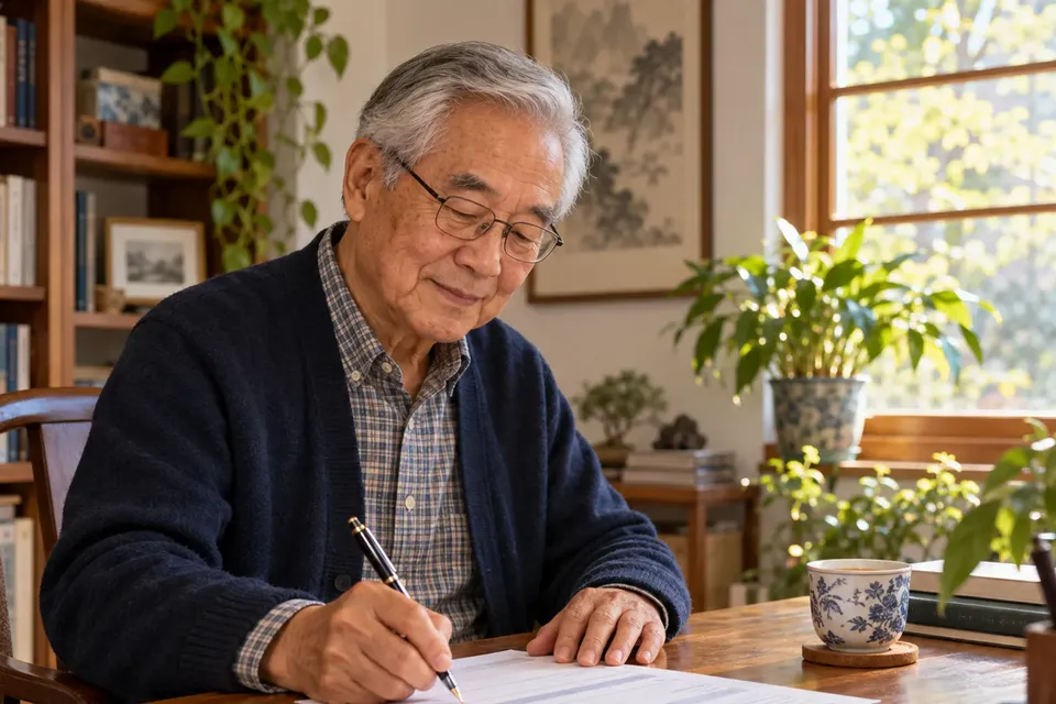 An older man in glasses filling out a form at a wooden desk at home, with a cup of tea beside him
