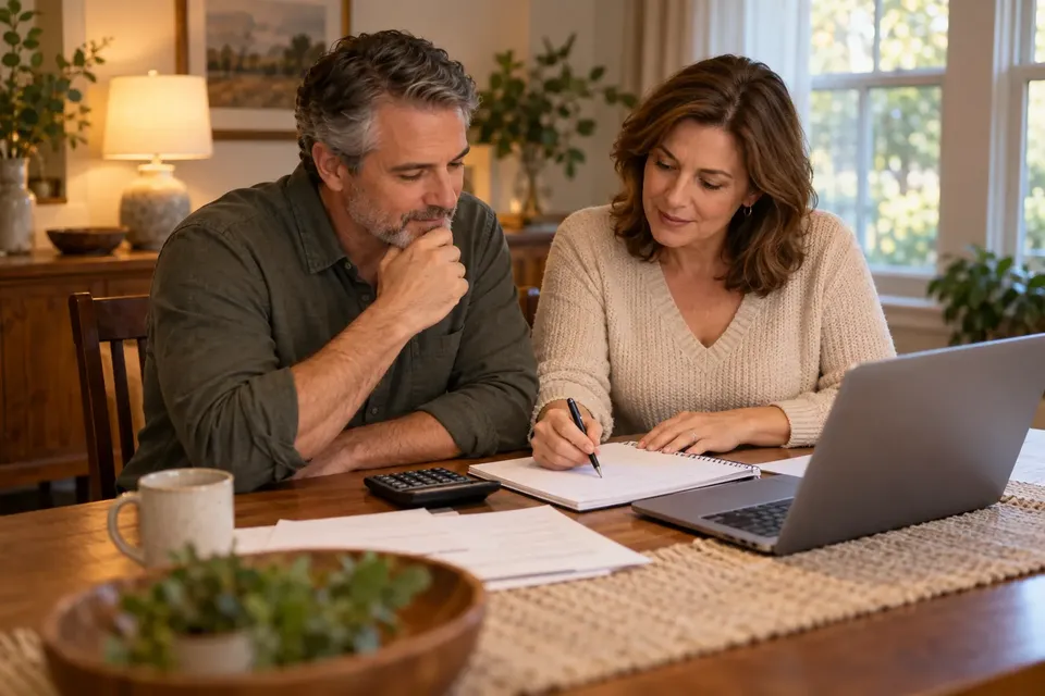 A couple at a dining table working through a budget with a notebook, calculator and laptop