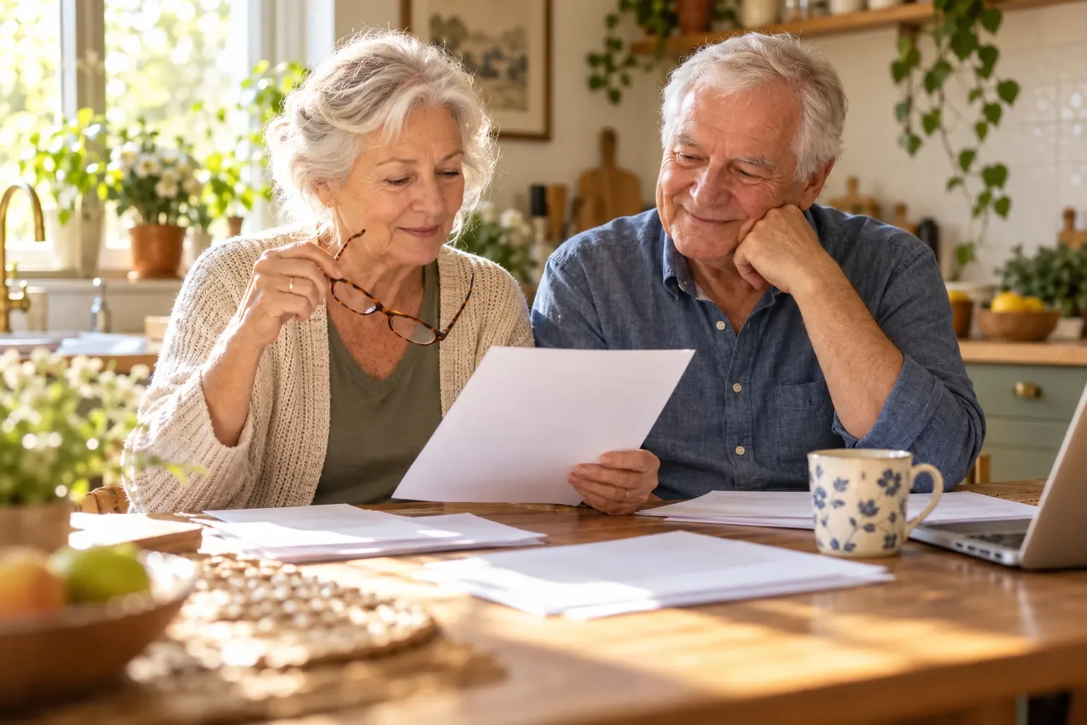 A senior couple reviewing paperwork together at a sunlit kitchen table