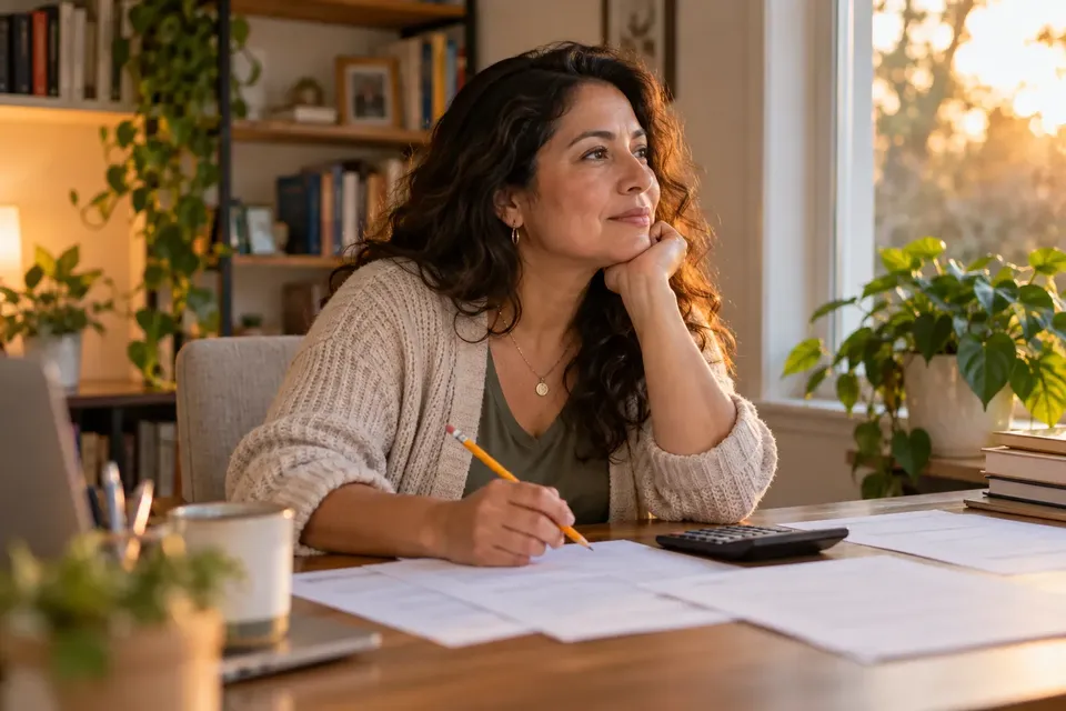 A woman at a home office desk with a pencil, a calculator and printed papers, looking out a sunny window while she thinks