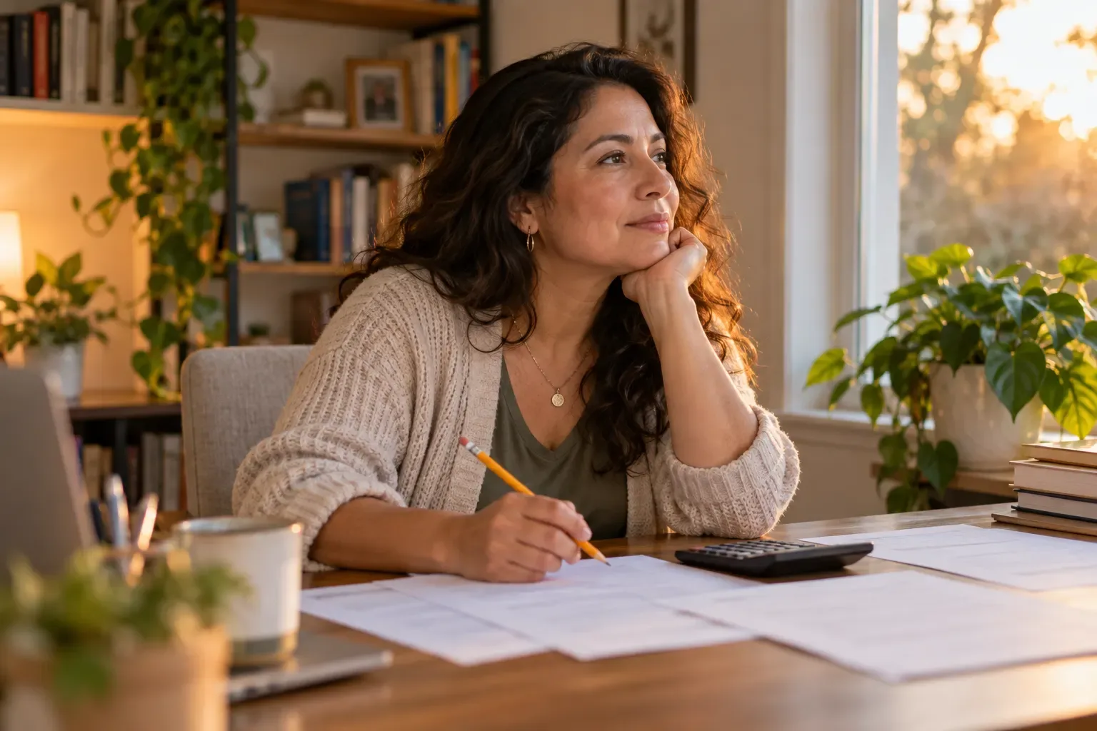 A woman at a home office desk with a pencil, a calculator and printed papers, looking out a sunny window while she thinks