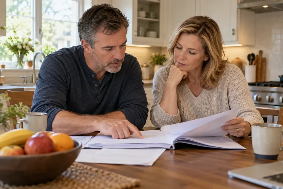 A middle-aged couple at a kitchen table reading through a thick stack of papers together