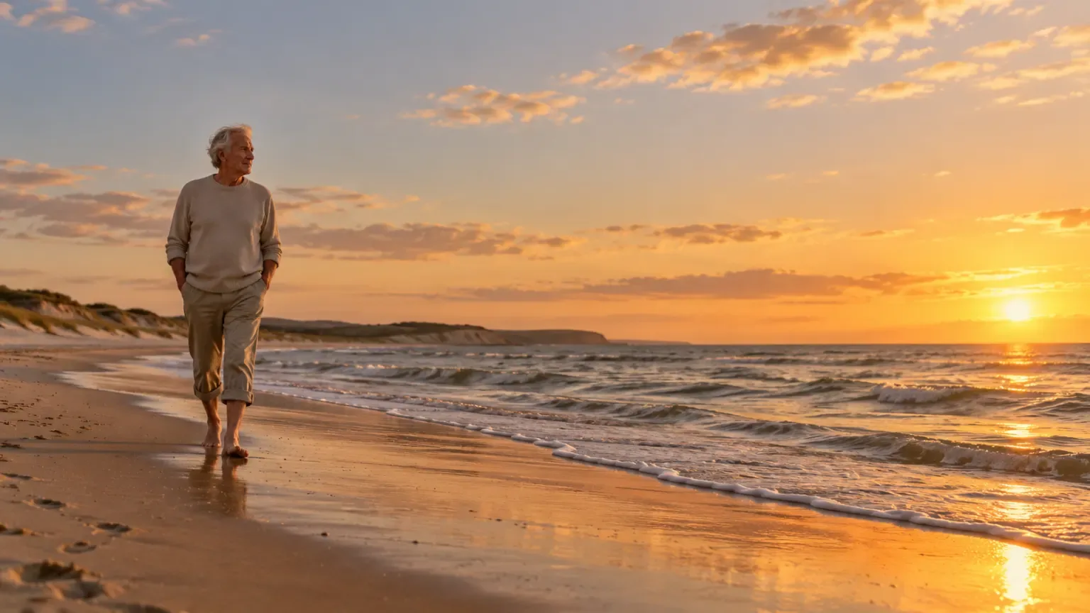 An older man with gray hair walking barefoot along the edge of a beach at sunset