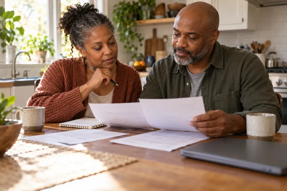 A middle-aged couple sitting at a kitchen table with coffee mugs, reading through printed papers together
