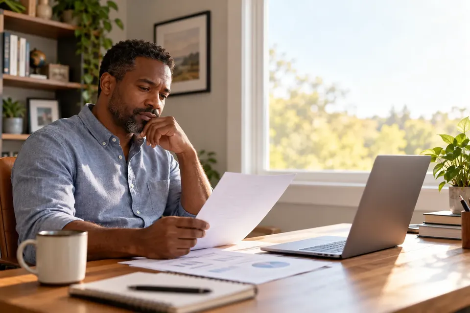 A man at a home desk reading a printed statement beside a laptop and a coffee mug