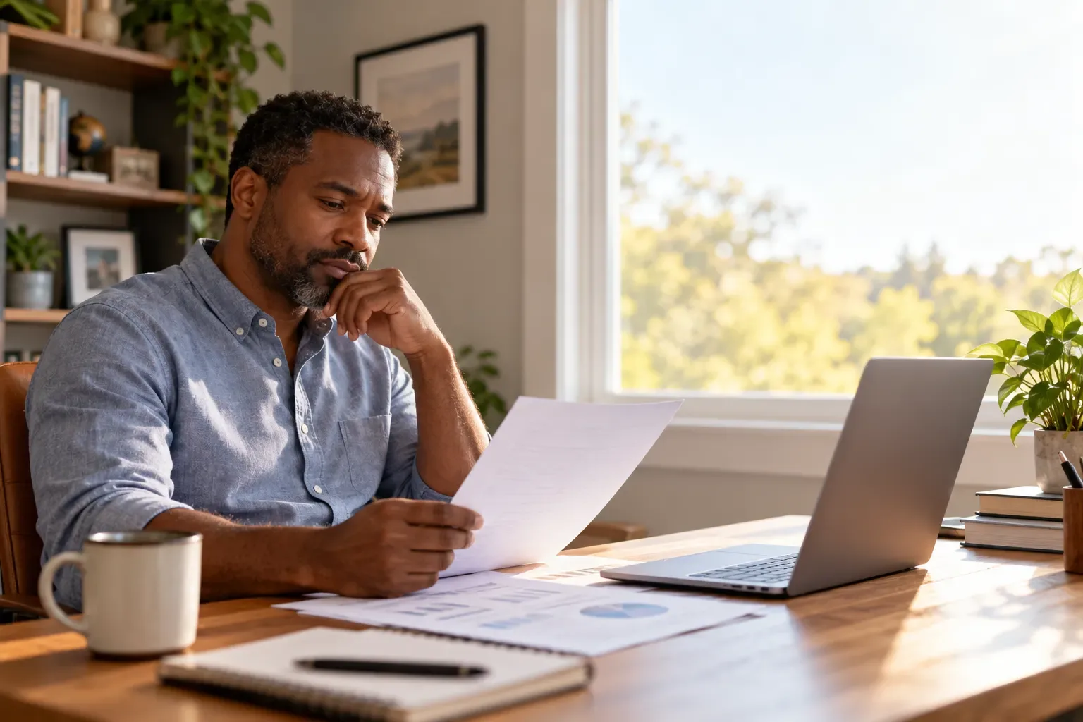 A man at a home desk reading a printed statement beside a laptop and a coffee mug