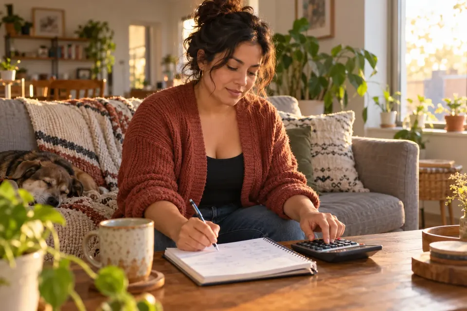 A woman on a living room couch writing in a notebook and using a calculator, with a dog asleep beside her
