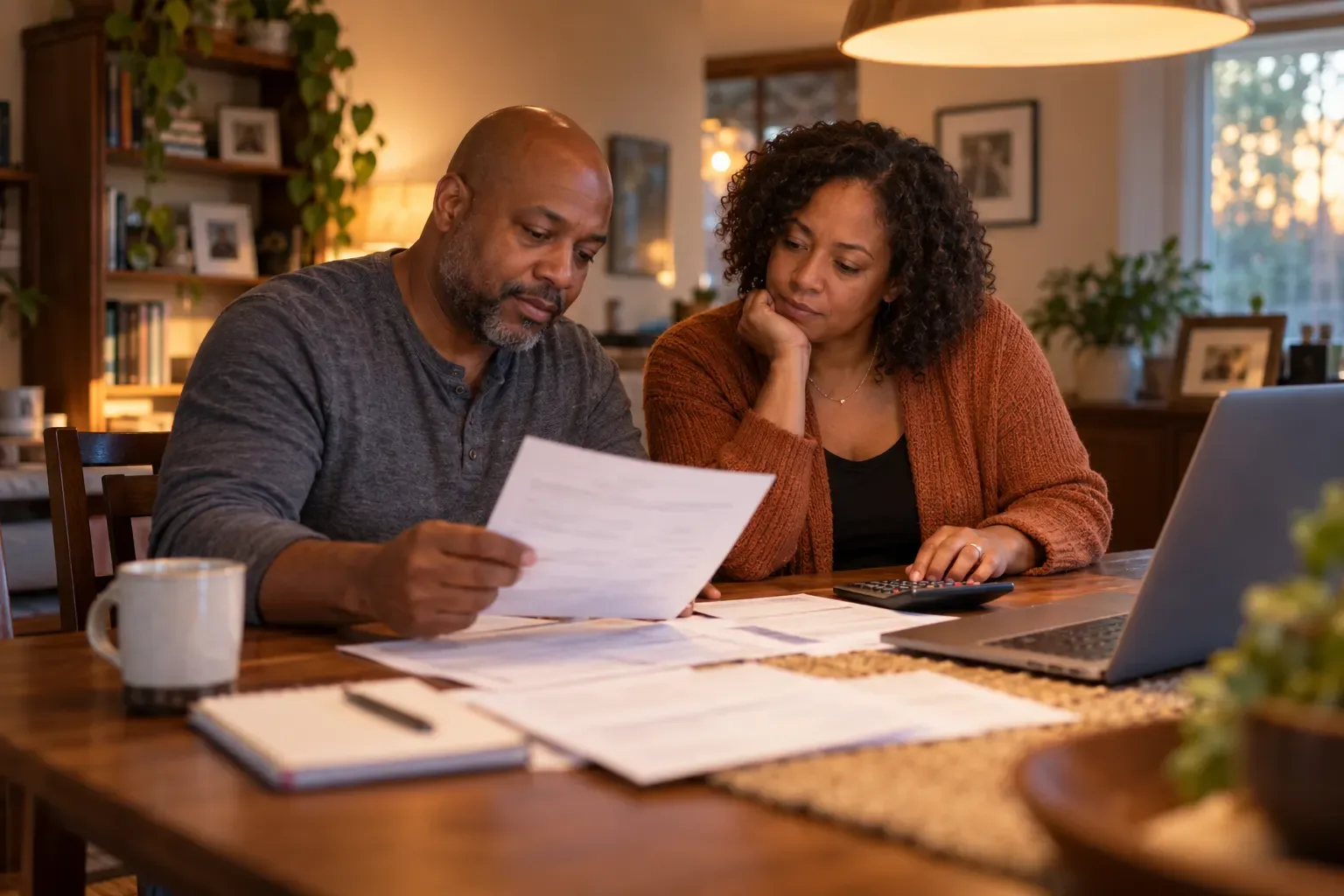 A couple at a dining table at home going over a printed statement with a calculator and a laptop