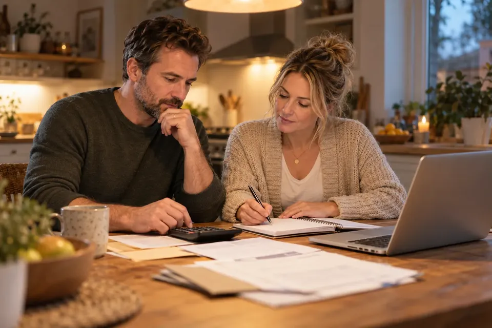 A couple works through household numbers with a calculator, notepad and laptop at their kitchen table