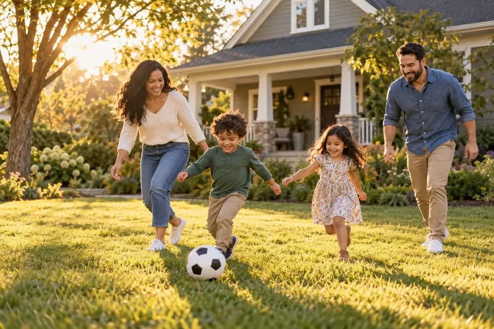A family with two young children plays in the front yard of their house at sunset