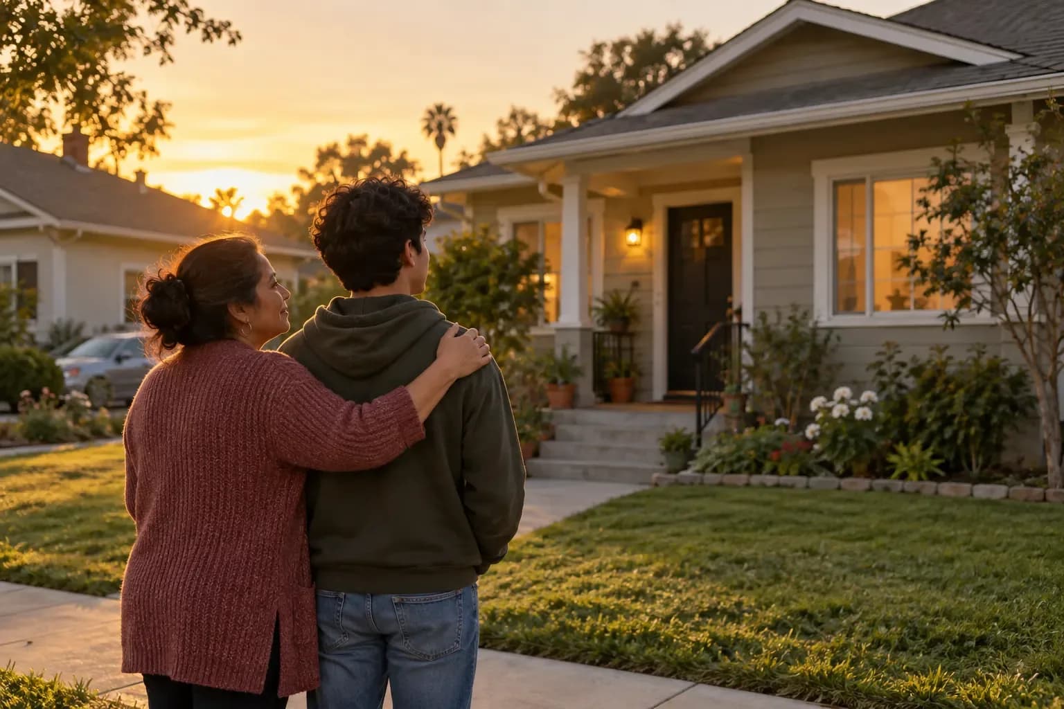 A mother and her teenage son stand on the front walkway looking at their family home