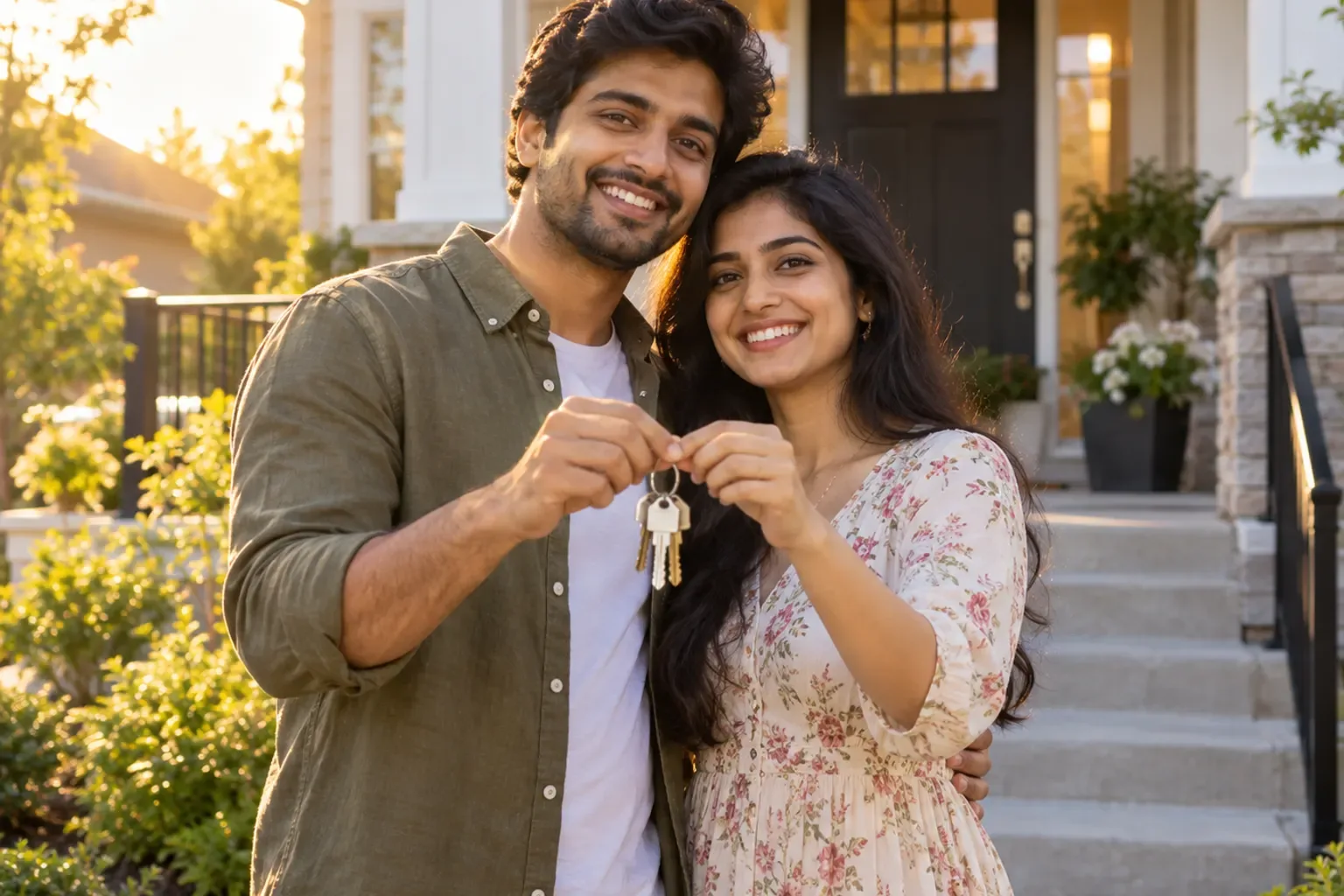 A smiling couple holds up a set of house keys in front of their home