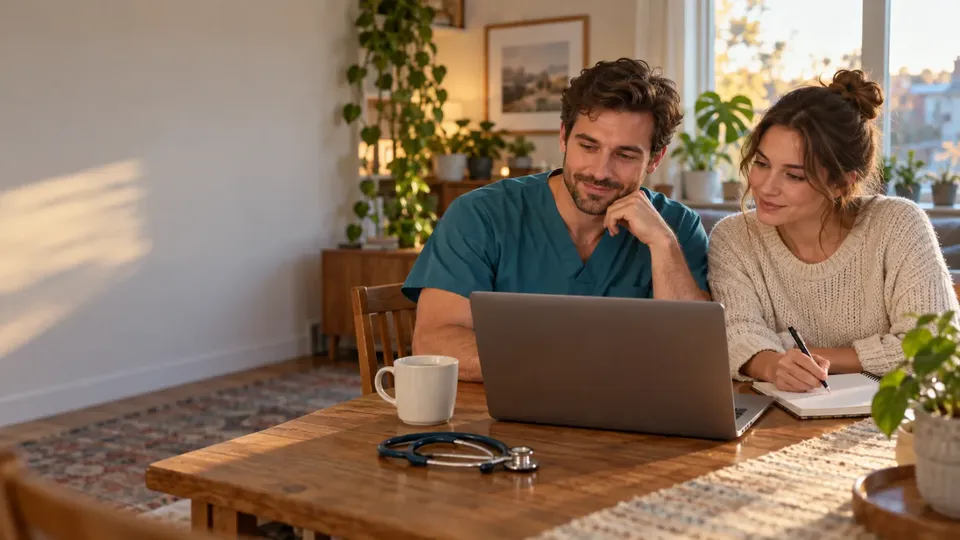 A man in teal scrubs and a woman in a cream sweater look at a laptop together at a wooden dining table, with a stethoscope and a coffee mug beside them