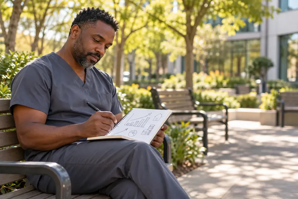 A man in gray scrubs sits on a park bench under trees, sketching simple charts and arrows in a notebook during a sunny break.