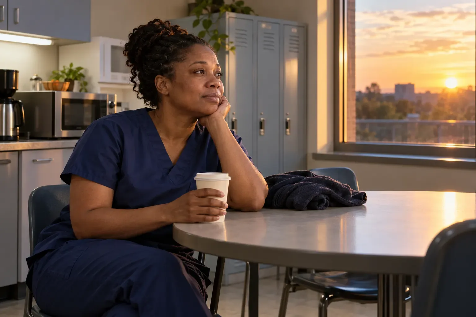 A nurse in navy scrubs sits at a break room table with a cup of coffee, looking out the window at sunrise after a night shift.