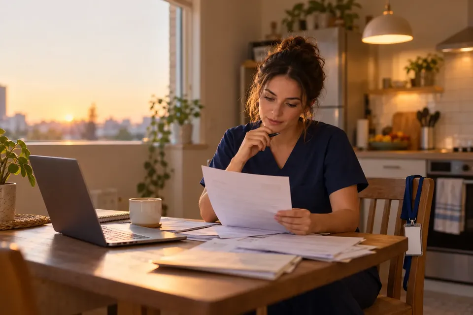 A young woman in navy scrubs sits at her kitchen table at sunset, reading paperwork with a pen in hand next to an open laptop and a mug.