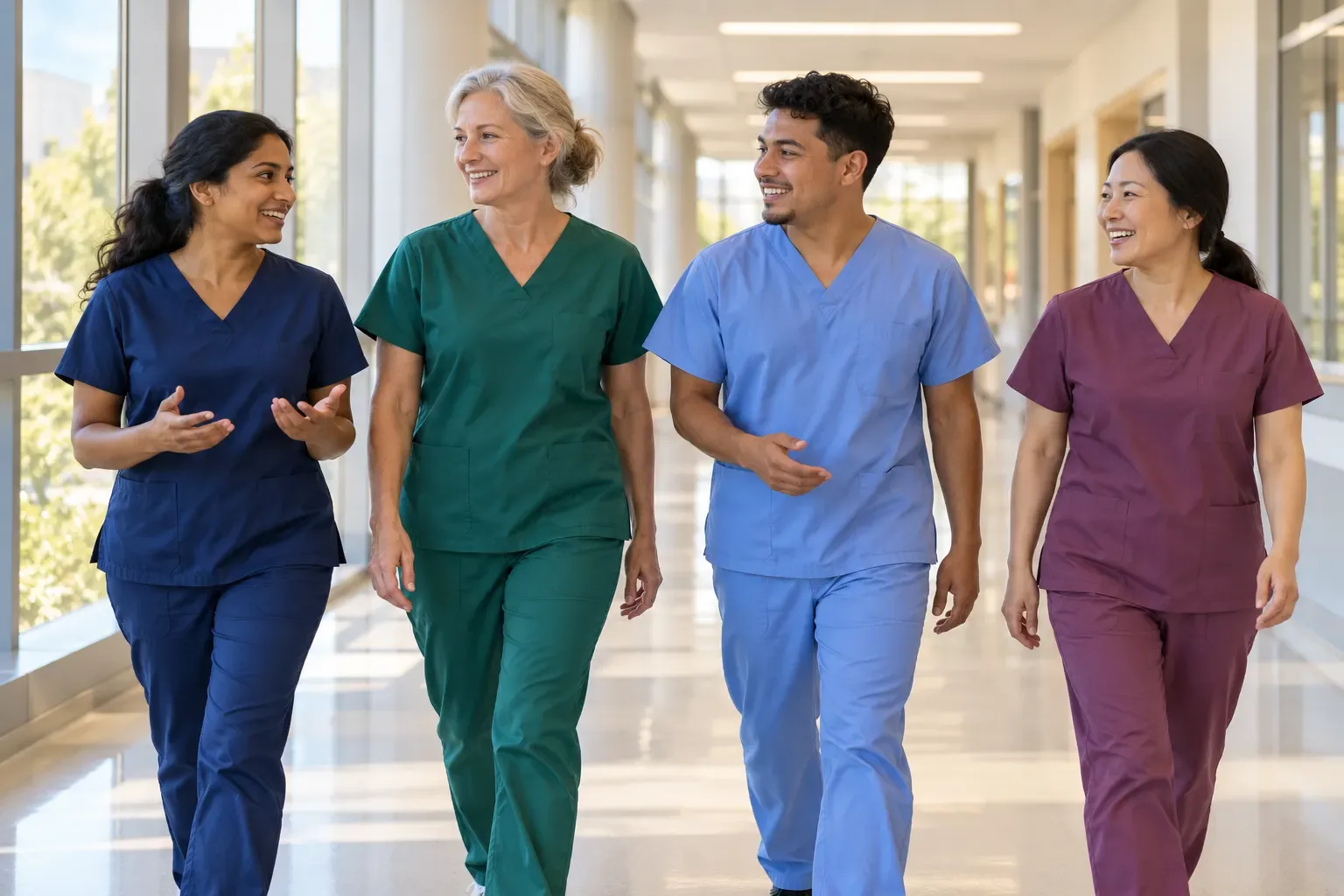Four healthcare workers in different colored scrubs walk side by side down a bright, windowed hallway, talking and smiling.