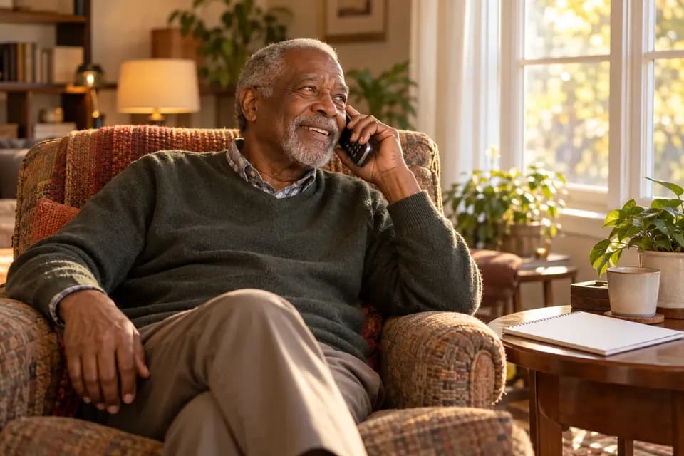 An older man in an armchair talking on the phone by a window