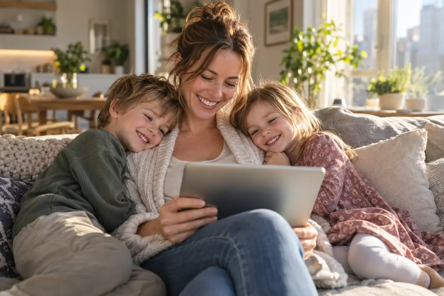 A mother on the couch with her two young children, holding a tablet