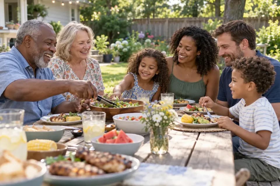 A multigenerational family sharing a meal at a backyard picnic table
