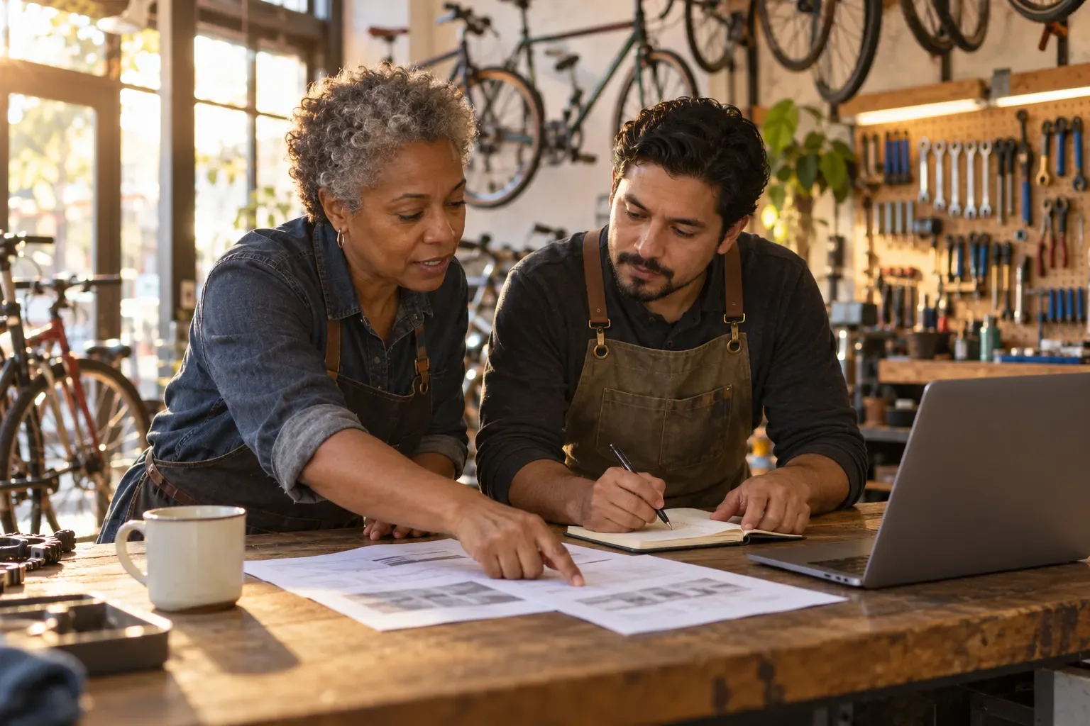 Two co-owners of a bicycle repair shop review printed pages and a laptop together at a wooden workbench