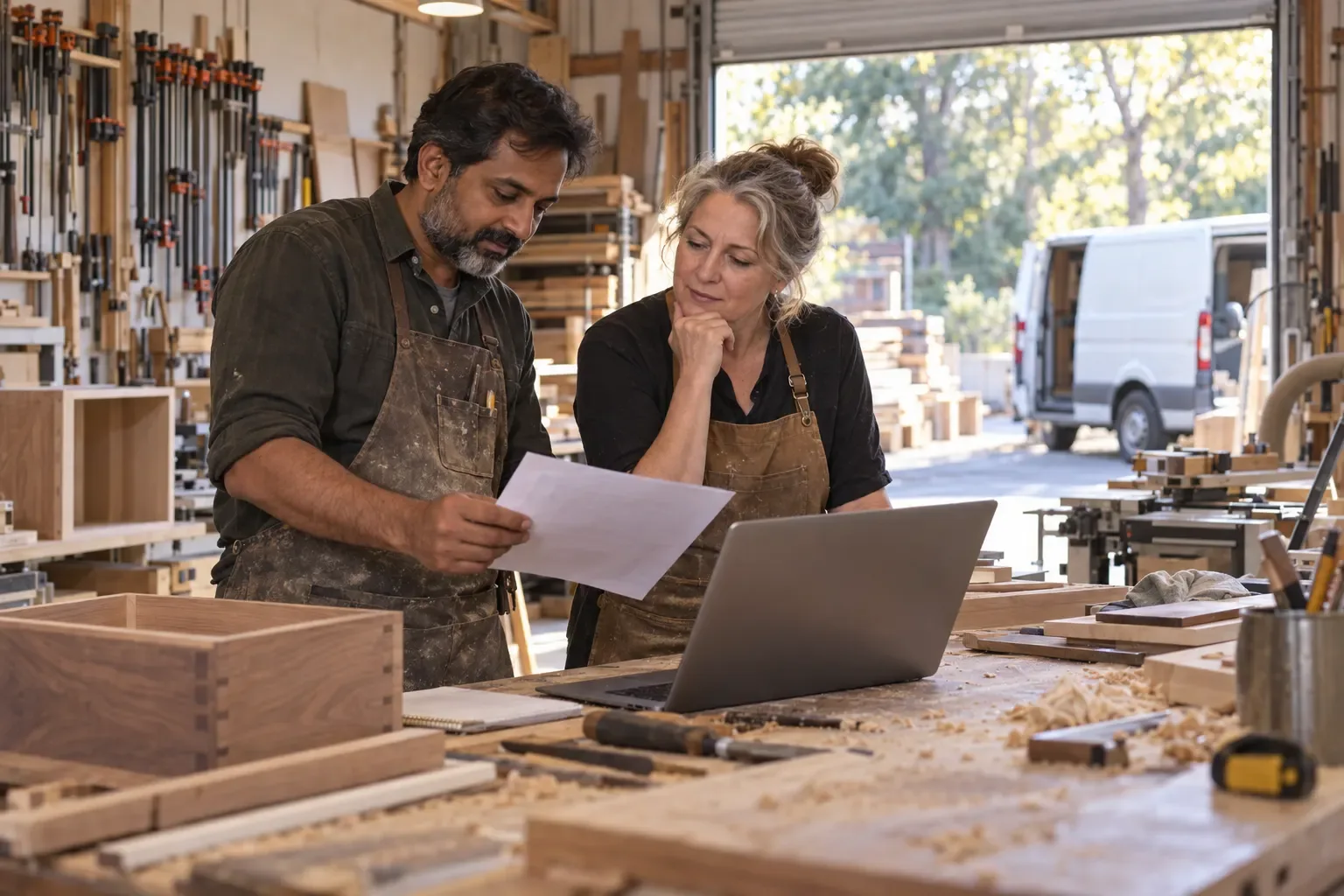 Two co-owners of a woodworking shop review a paper document and a laptop at a workbench, with a white van parked outside the open shop door