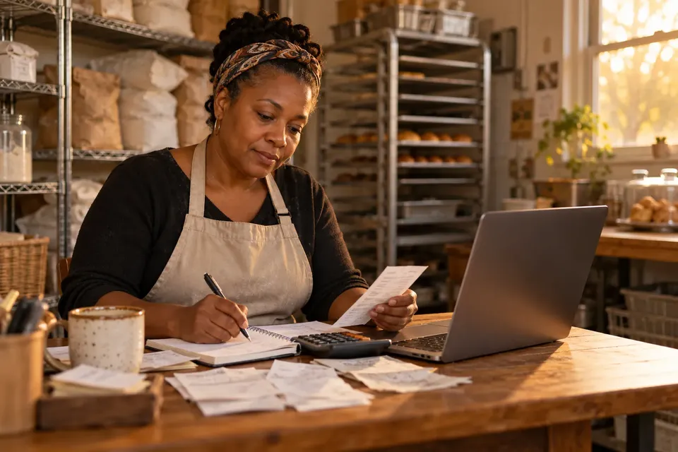 A bakery owner in an apron reviews receipts with a pen and calculator at a wooden table in the back of her shop