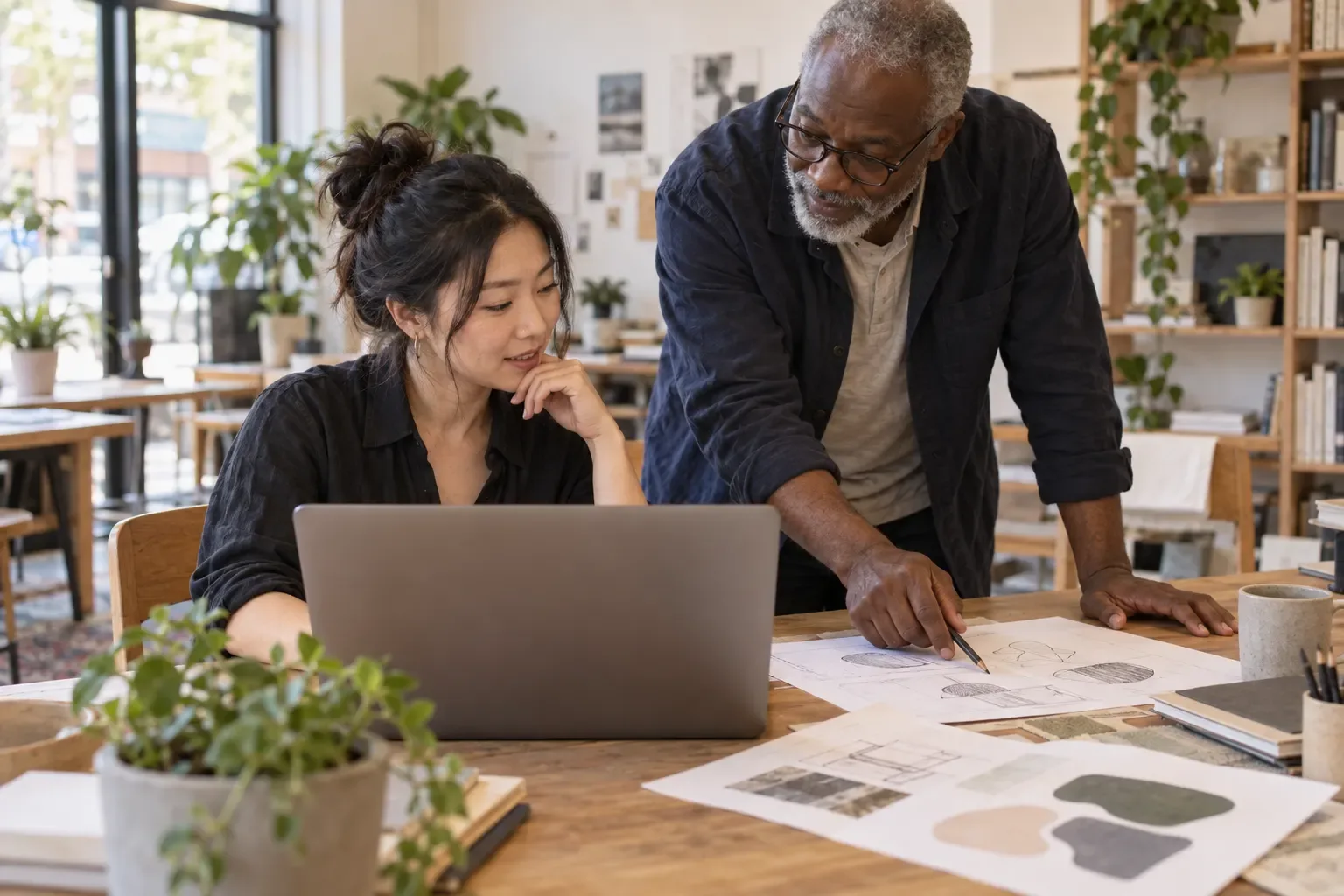 A woman working on a laptop at a studio table while an older colleague points to design sketches spread beside her