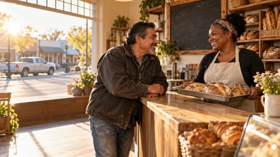 A baker holding a tray of fresh bread talks with a contractor leaning on the counter of a small bakery, with a pickup truck parked outside the window