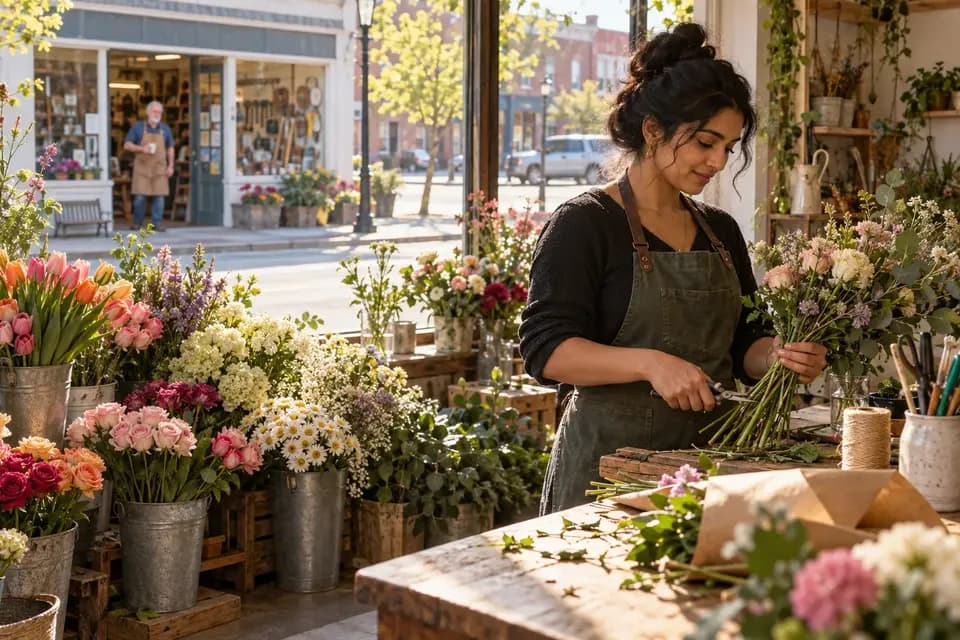 A florist trims flower stems at her shop counter, with a hardware store owner visible across a sunny main street