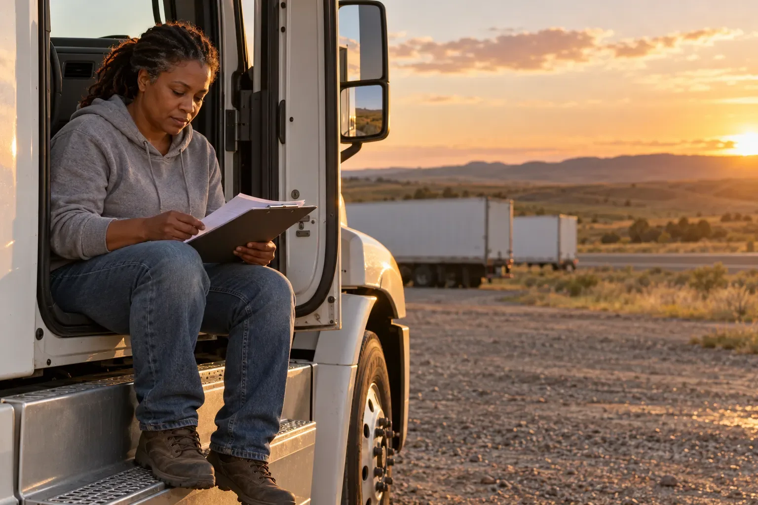 Woman in a gray hoodie sitting in the open door of a white semi-truck cab, reading papers on a clipboard at sunset