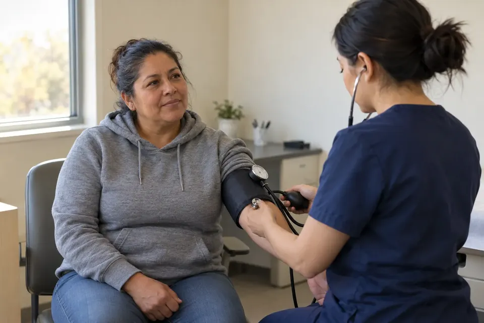 A woman in a gray hoodie sits in a clinic exam room while a clinician in navy scrubs checks her blood pressure with an arm cuff