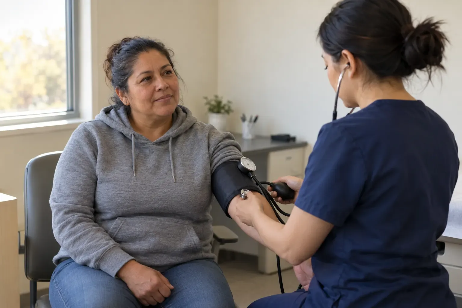 A woman in a gray hoodie sits in a clinic exam room while a clinician in navy scrubs checks her blood pressure with an arm cuff