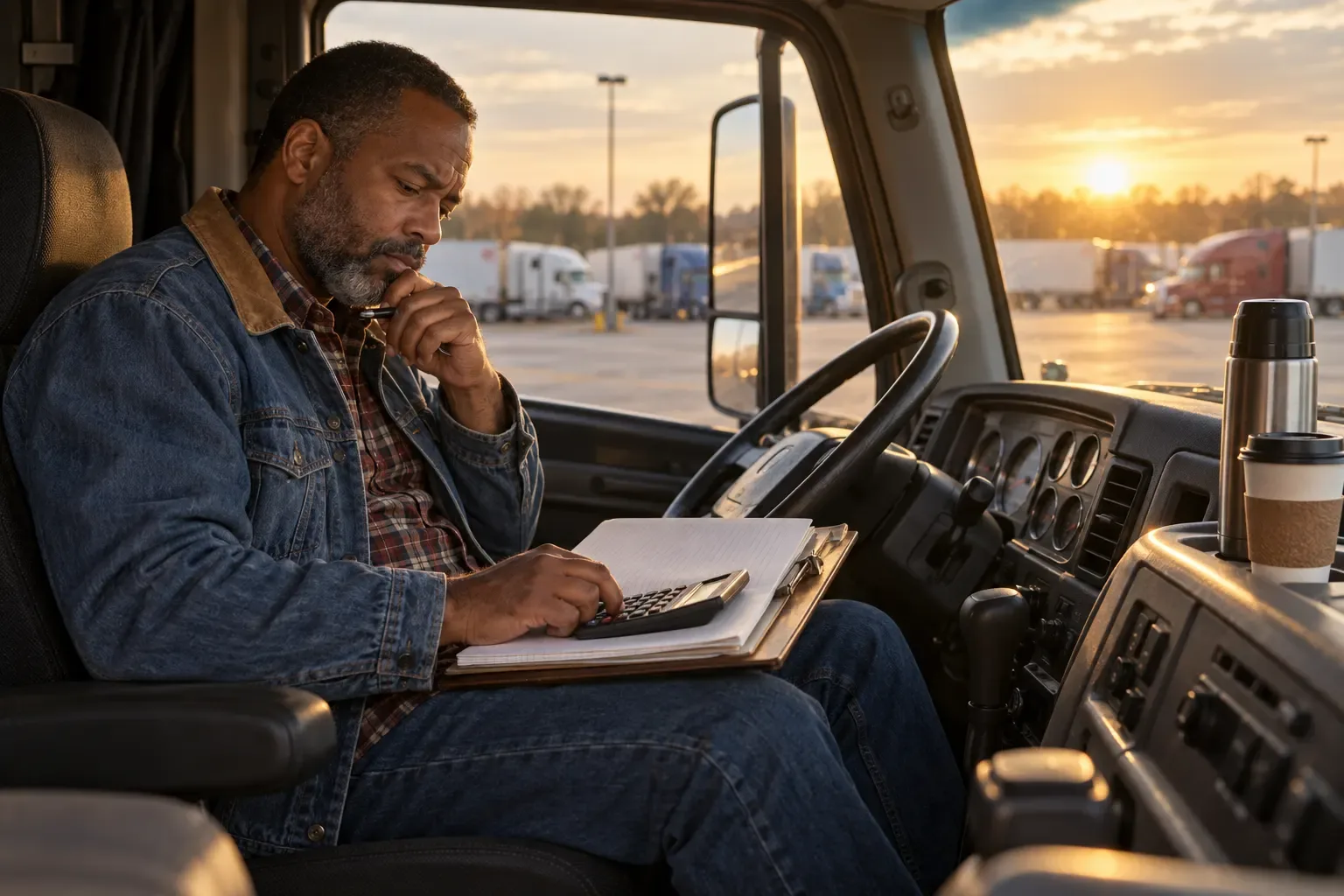 A truck driver in a denim jacket sits in his parked semi cab at sunset, working through numbers on a notepad with a calculator
