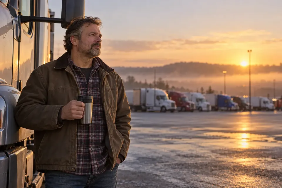 A bearded truck driver in a canvas jacket holding a travel mug beside his cab at a truck stop at sunrise, with parked semis in the background