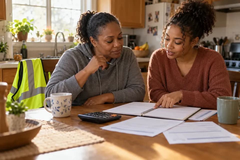 A woman in a gray hoodie and her adult daughter going over a budget notebook with a calculator at a kitchen table, a safety vest hanging on the chair behind them