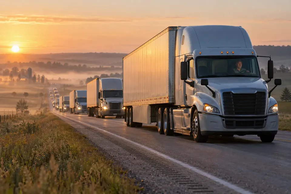 A line of semi-trucks with plain white trailers driving on a rural two-lane highway at sunrise, with a driver visible in the nearest cab
