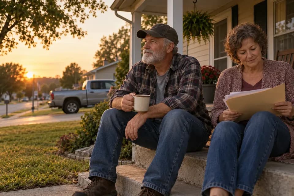 An older man in a flannel shirt and cap holding a coffee mug on his front porch steps at sunset while his wife reads through papers in a folder beside him