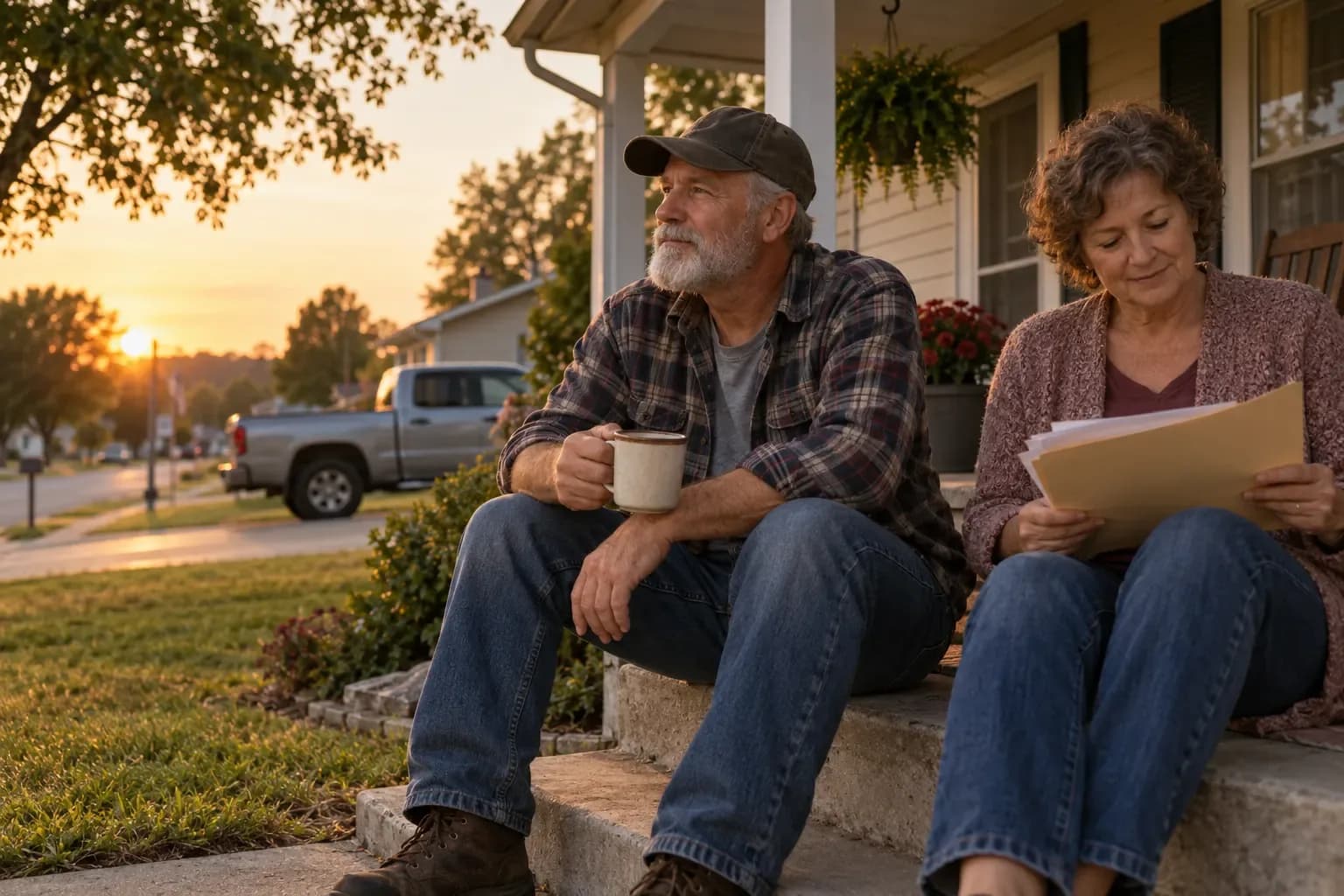 An older man in a flannel shirt and cap holding a coffee mug on his front porch steps at sunset while his wife reads through papers in a folder beside him