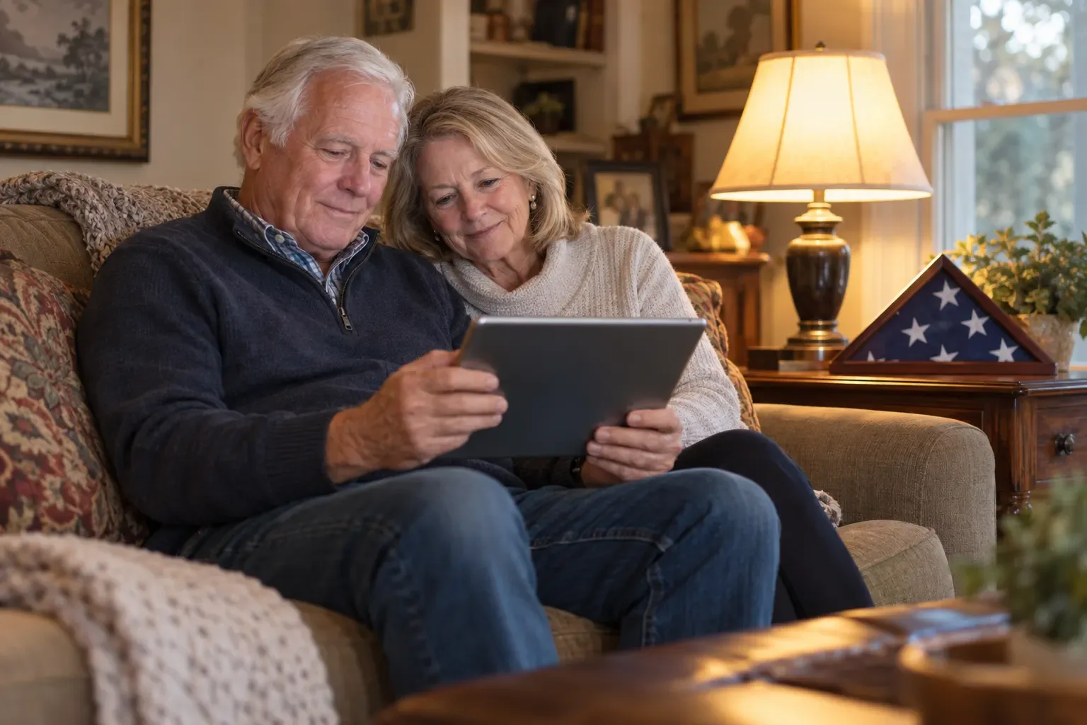 An older couple looks at a tablet together on their living room sofa, with a folded flag in a wooden case on the side table