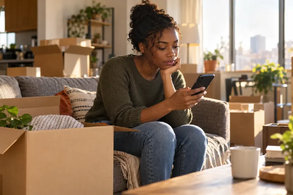 A young woman sits on a couch next to a moving box in a new apartment, checking a calendar on her phone